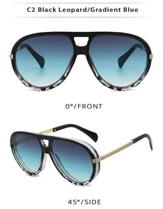 Front and side views of double-bridge aviator sunglasses in black leopard and gradient blue