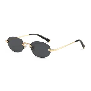 Vintage Rimless Oval Sunglasses For Women Men Metal Frame UV400 Protection Luxury Y2K Minimalist Fashion Eyewear For Travel Party