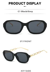 Détails des lunettes de soleil carrées noires avec branches en chaîne dorée
