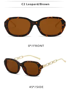 Détails de lunettes de soleil carrées léopard avec branches décoratives en chaîne dorée