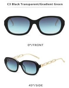 Détails des branches en chaîne dorée et verres dégradés verts sur lunettes carrées