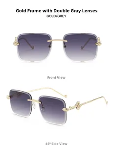 Rahmenlose goldene Sonnenbrille mit schlangenförmigem Bügeldesign und grauen Verlaufsgläsern