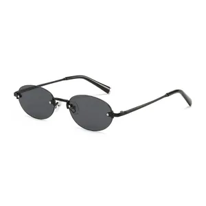 Minimalist black oval rimless metal sunglasses with dark grey lenses and retro style