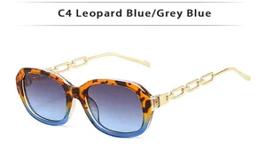 Détail de lunettes de soleil léopard avec branches chaîne en métal doré et verres dégradés
