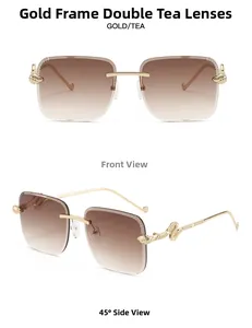 Detail einer randlosen Sonnenbrille mit goldenen Schlangenbügeln und braunen Gläsern