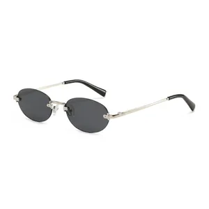 Retro rimless oval sunglasses with silver metal frames and gray lenses on white background