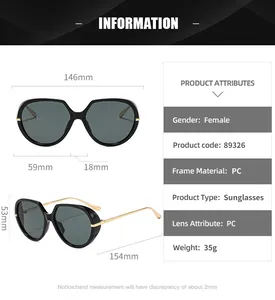 Detailed size specifications and dimensions for these oversized cat-eye sunglasses