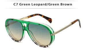 Detail of green leopard sunglasses with golden metal temples and gradient brown lenses