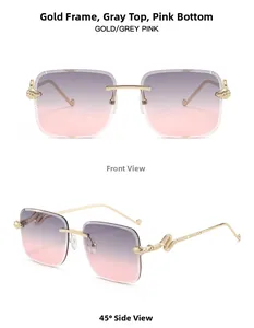 Detail der goldene Schlangen-Bügel und grau-rosa Verlaufsgläser der randlosen Sonnenbrille