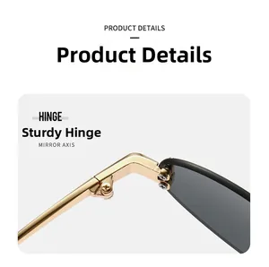 Detail of a sturdy golden metal hinge with double screw fixing on rimless sunglasses