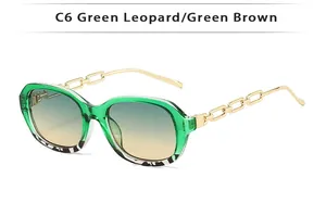 Détail latéral de lunettes de soleil léopard vert avec branches en chaîne dorée