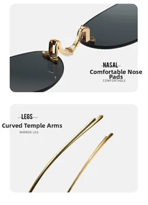 Detail view of gold wavy bridge and comfortable curved metal temples for rimless sunglasses