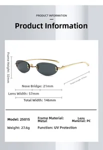Detailed size specifications for rimless oval metal sunglasses with UV protection