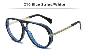 Detail of pilot-style blue stripe frames with gold-black metal temples and flat lenses