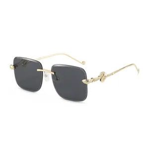 Lunettes de Soleil Carrées Sans Monture Vintage pour Femmes Hommes Mode Métal Or Branche de Serpent Verre PC Dégradé Luxe Protection UV400