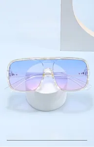 Detail of UV400 gradient blue-purple lenses and transparent oversized sunglasses frame