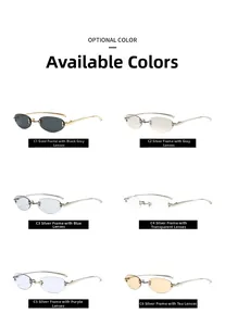 Detail view of rimless oval sunglasses collection in diverse lens colors and metal frames