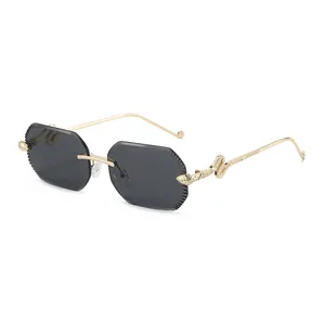 Randloze Octogonale Zonnebril Vrouwen Retro Metalen Slang Pootje UV400 Mode Hexagon Goud Montuur Gradiënt Glazen