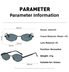 Detailed size chart of hexagonal polygon metal sunglasses with frame dimensions and specifications