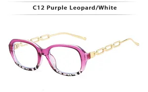 Détail de lunettes de soleil mode avec monture léopard violet et branches chaîne dorée