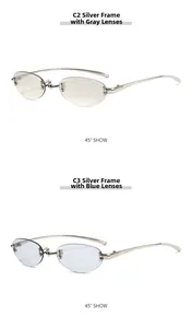 Detail view of rimless oval sunglasses showing C2 silver-grey and C3 silver-blue lens colors