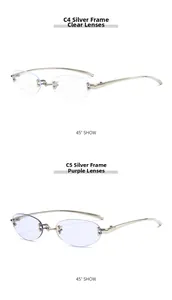 Detail view of rimless metal sunglasses in silver frame with clear and purple lenses