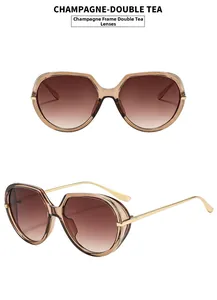 Detailed view of champagne frame sunglasses with double tea lenses and gold metal temples