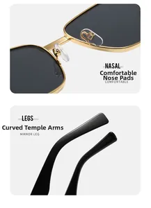 Detail of square metal sunglasses with comfortable nose pads and ergonomic temples