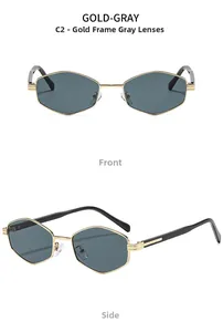 Detail view of gold geometric hexagonal metal sunglasses with dark gray lenses