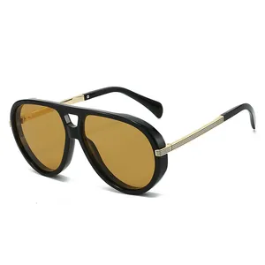 Vintage double bridge aviator sunglasses with black frame and amber lenses for women
