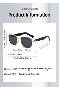 Detailed size chart for retro square metal sunglasses with dimensions and specifications