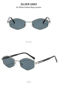 Front and side views of vintage silver metal polygonal sunglasses with dark gray lenses