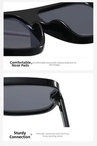 Macro detail of integrated nose pads and reinforced hinges on black oversized sunglasses