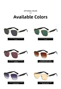 Close-up of rectangular metal frame sunglasses in six different lens and frame colors