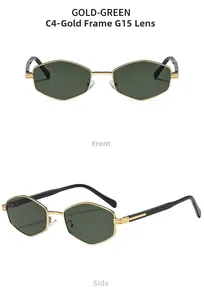 Detailed front and side views of gold geometric hexagonal sunglasses with G15 green lenses