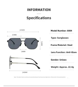 Diagramme technique détaillé montrant les dimensions des lunettes de soleil aviateur