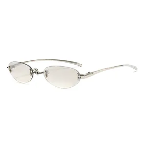 Modern rimless oval sunglasses with silver metal frame and light grey tinted lenses