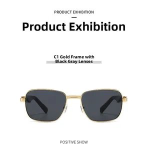 Macro shot of men's square gold metal sunglasses frame with dark grey lenses