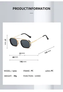 Detaillierte Größentabelle für Retro-Sonnenbrillen mit UV400-PC-Rahmenabmessungen