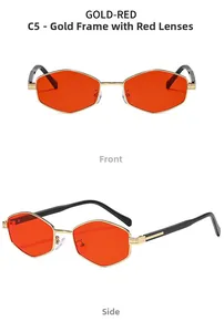 Detailed front and side view of gold polygon sunglasses with vibrant red lenses