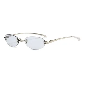 Modern rimless oval sunglasses with light purple lenses and sleek silver metal frames