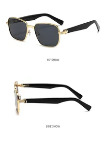 Detail shot of men's square metal sunglasses showing 45-degree and side profiles