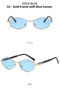 Detailed front and side views of gold hexagonal metal sunglasses with blue lenses