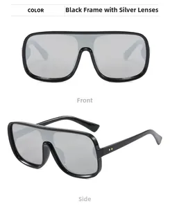 Front and side views of oversized shield sunglasses with black frames and silver mirrored lenses