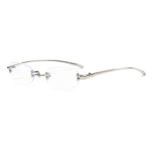 Minimalist rimless silver metal oval sunglasses with lightweight aesthetic design