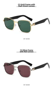 Detail view of retro square metal sunglasses in gold/green and silver/red wine tints