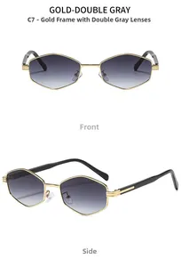Front and side views of gold polygonal metal sunglasses with double gray gradient lenses