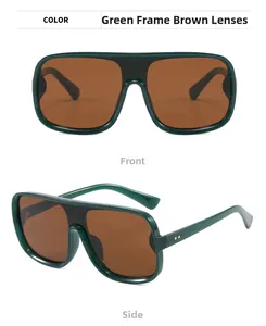 Front and side views of oversized green frame sunglasses with deep tea-colored lenses