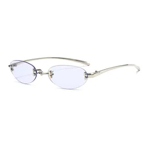 Modern rimless oval sunglasses with silver metal temples and light purple lenses