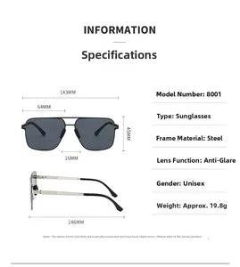 Detailed dimensions of rectangular stainless steel aviator sunglasses with frame measurements